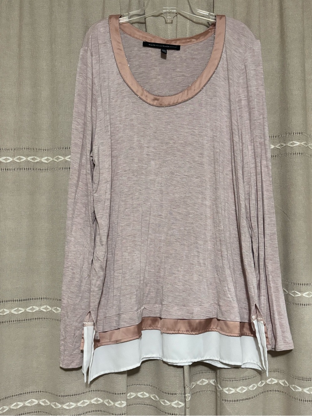 White House Black Market Mauve Grey Long Sleeve Satin Trim Layered Top Size L